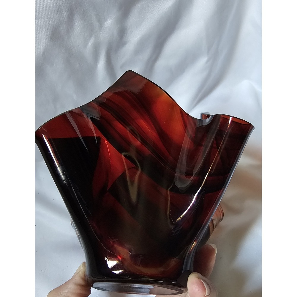 Tony Serveinte Glass Blown Folded Handkerchief Swirl Vase Signed Brown/Clear - Picture 1 of 15